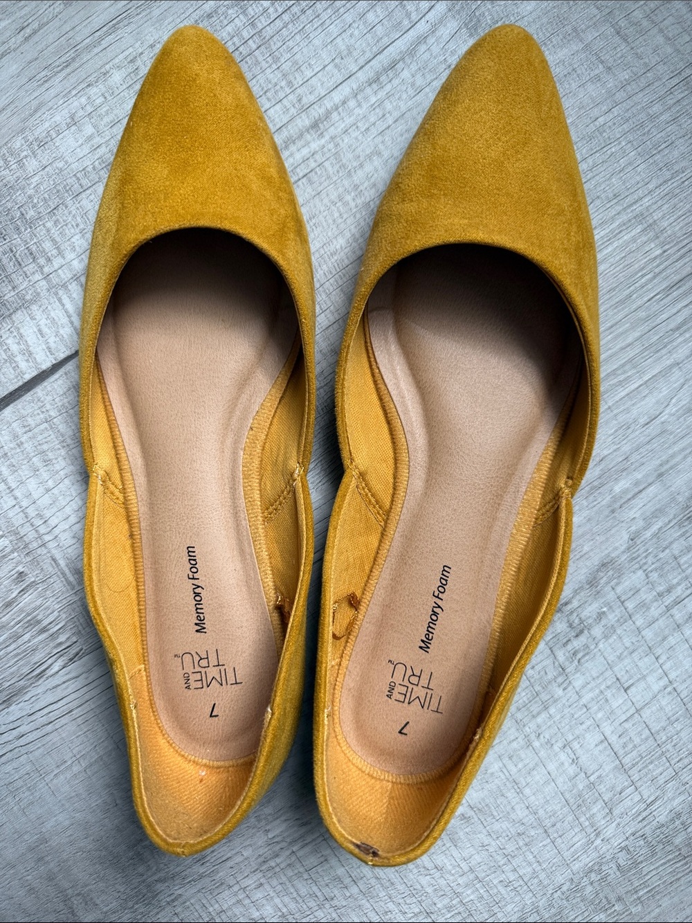 Time and Tru Mustard Yellow Pointed-Toe Memory Foam Flats